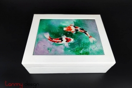 White rectangular lacquer box with hand-painted fish on lid 26*18*H8cm
